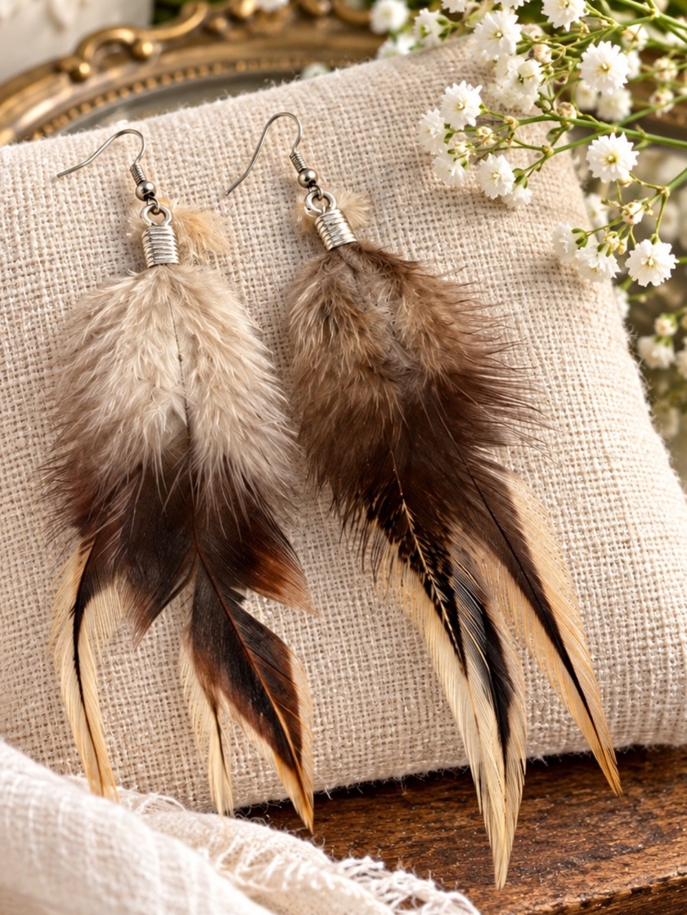 Boho Natural Feather Drop Earrings
